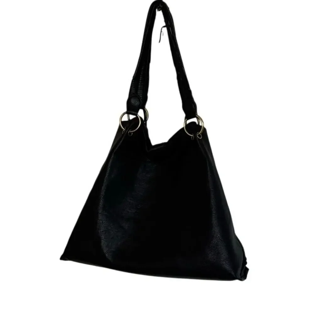 Anthropologie Black Textured Hobo Shoulder Bag Gold Ring Hardware